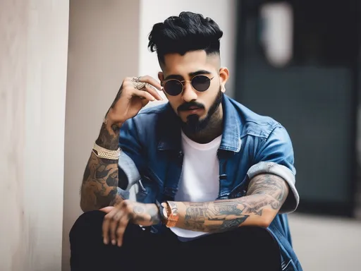 Prompt: Rapper, swag man, chill guy,rich vibes, sigma personality, soft face, eagle eyes, professional photographic style, white skin,english,small beard, asian, North Indian, tattoes