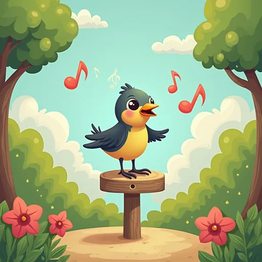 Prompt: Create image with small starling bird singing at the center of picture. Starling bird need to have cartoon character. Use some bright color for background. Make bird stand on on three in the middle of children playground. Give some music notes. Also add some children
