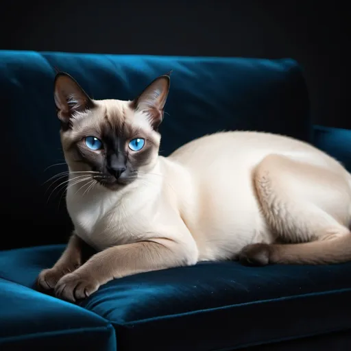 Prompt: Brachycefalic Siamese cat lounging on a luxurious black velvet couch, glossy fur with cool highlights, intense and expressive blue eyes, serene and elegant pose, high quality, detailed realism, luxury, minimalistic, royal siamese, glossy finish, deep blue tones, dramatic lighting