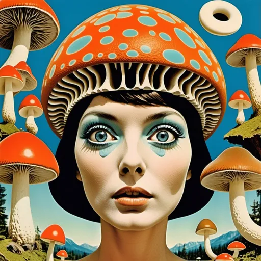 Prompt: mymodel 1970s vintage psychedelic science fiction collage, analog, cut-and-paste, strange surreal bizarre, woman, mushrooms, Psilocybin cubensis, Liberty capsules, magical psychedelic mushrooms, eyes, mouths, fractals, optical illusions, geometric shapes, bizarre landscapes, grainy, retro, aged, magazine cutouts, photos, drawings, psychedelic patterns, image noise, vintage, surreal, vibrant colors, fantasy, hallucinogenic lighting, detailed composition, high resolution, vibrant, surreal, woman with long, very curly blonde hair, aged, shocking pink, green, orange, teal, black and white, purple.