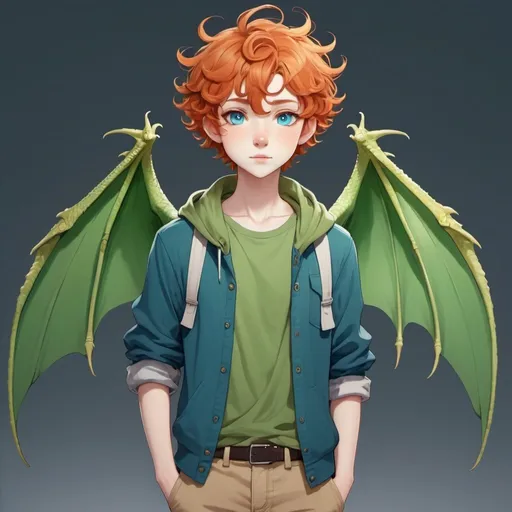 Prompt: androgynous gender neutral anime character, blue eyes and short curly ginger hair with large green dragon wings, casual clothes full body