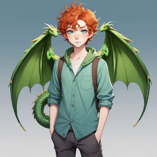Prompt: androgynous gender neutral anime character, blue eyes and short curly ginger hair with large green dragon wings, casual clothes full body