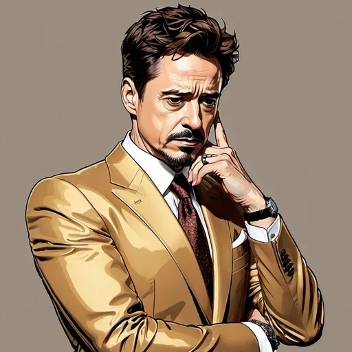Prompt: Detailed colored line drawing of Tony Stark, golden business suit, thinking expression, arms crossed, face palm, high quality, detailed, line drawing, professional, golden tones, confident pose, charismatic expression, sleek design, artistic style, luxury, professional lighting, no background