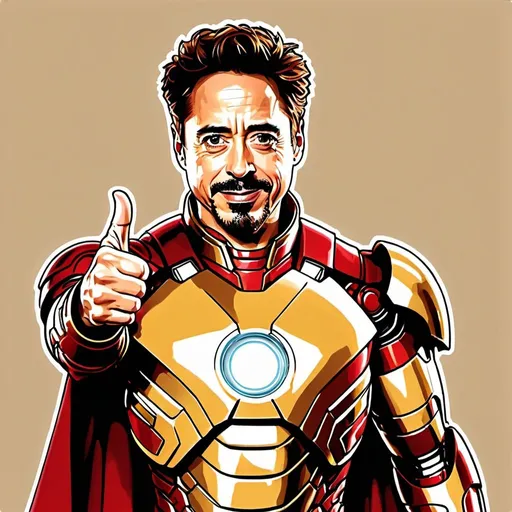 Prompt: Robert Downey Jr. as Iron Man with golden armor and red cape looking to the right with a thumbs up and smile with coffee in his other hand line drawing colored