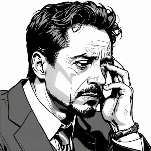 Prompt: tony stark face palm colored line drawing leaning back