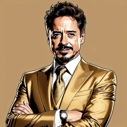 Prompt: Detailed colored line drawing of Tony Stark, golden business suit, arms crossed, smiling, high quality, detailed, line drawing, professional, golden tones, confident pose, charismatic expression, sleek design, artistic style, luxury, professional lighting