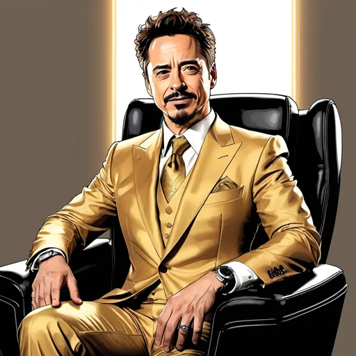 Prompt: Detailed colored line drawing of Tony Stark, golden business suit, arms crossed, smiling, sitting in a gamer chair, high quality, detailed, line drawing, professional, golden tones, confident pose, charismatic expression, sleek design, artistic style, luxury, professional lighting