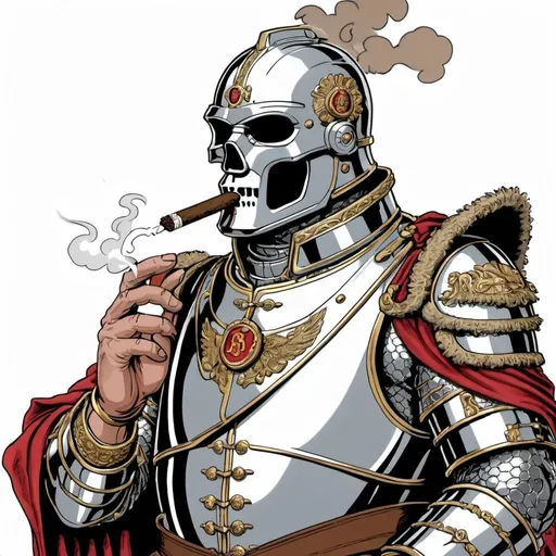 Prompt: detailed colored line drawing of master cheif in silver armor smoking a cigar