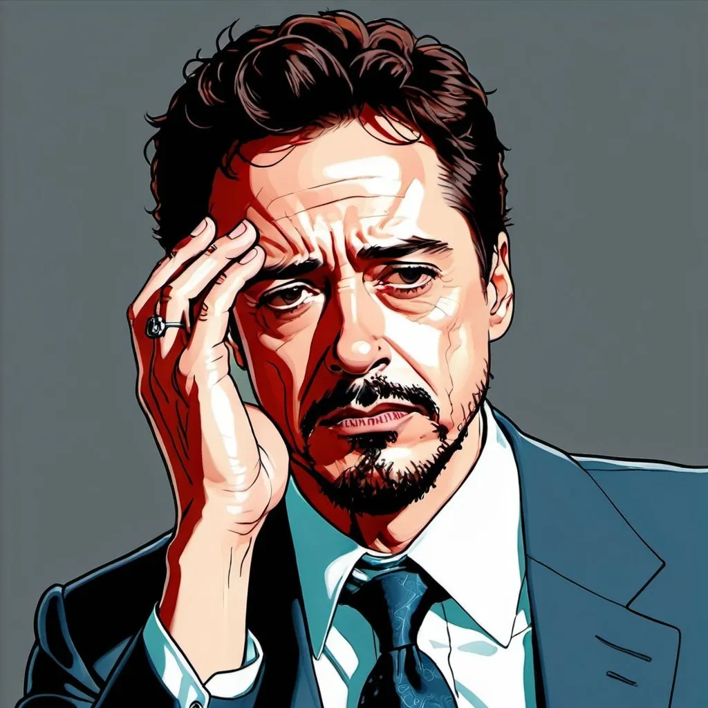 Prompt: tony stark face palm colored line drawing leaning back