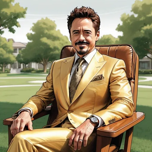 Prompt: Detailed colored line drawing of Tony Stark, golden business suit, arms crossed, smiling, sitting on a lawn chair, high quality, detailed, line drawing, professional, golden tones, confident pose, charismatic expression, sleek design, artistic style, luxury, professional lighting