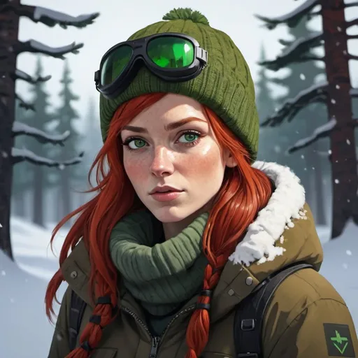 Prompt: attractive woman with red hair and green eyes in winter gear out in the snow in the art style of the long dark video game