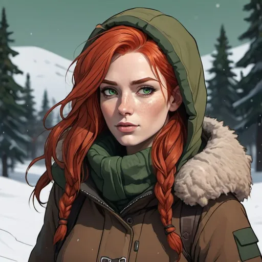 Prompt: attractive woman with red hair and green eyes in brown winter gear out in the snow in the art style of the long dark video game line drawing colored
