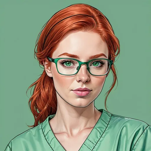 Prompt: attractive red head woman with green eyes in nurse scrubs looking to the right with glasses line drawing colored