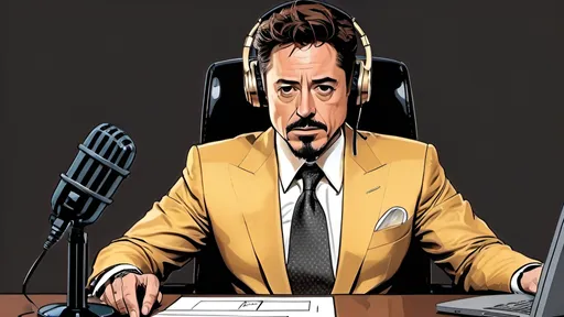 Prompt: Detailed colored line drawing of Tony Stark, golden business suit, sitting in a black office chair, talking into a radio microphone, with headsets, at an office desk with a nice computer, comic shading, warm colors