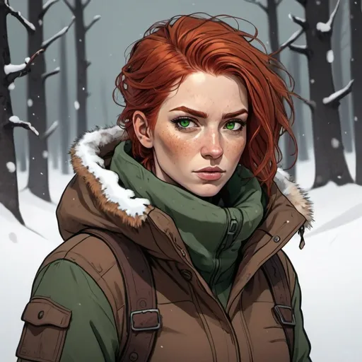 Prompt: tough attractive woman with red hair and green eyes in brown winter gear out in the snow in the art style of the long dark video game line drawing colored