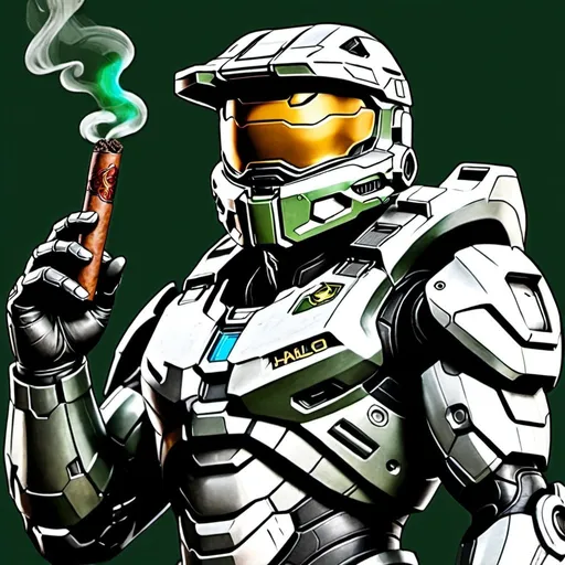 Prompt: detailed colored line drawing of master chief from halo in silver spartan armor with a cigar in his right hand