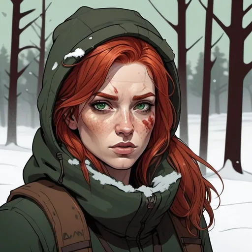 Prompt: tough attractive woman with red hair and green eyes in brown winter gear out in the snow in the art style of the long dark video game line drawing colored a little blood on face