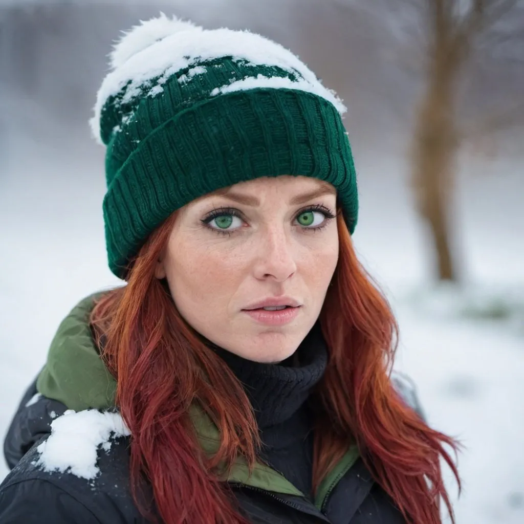 Prompt: attractive woman survivor with red hair and green eyes in winter gear out in the snow looking to the right