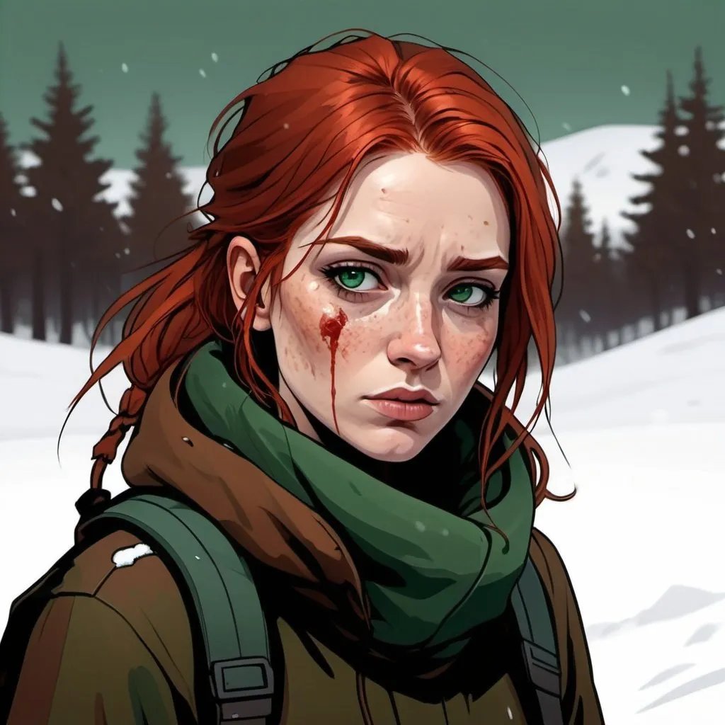 Prompt: sad attractive woman with red hair and green eyes in brown winter gear out in the snow in the art style of the long dark video game line drawing colored a little blood and dirt on face