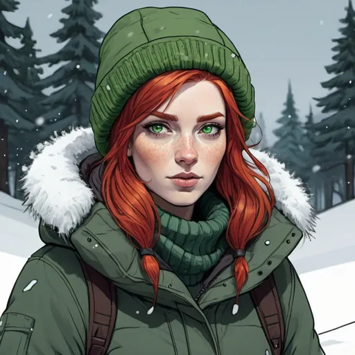 Prompt: attractive woman with red hair and green eyes in winter gear out in the snow in the art style of the long dark video game line drawing colored