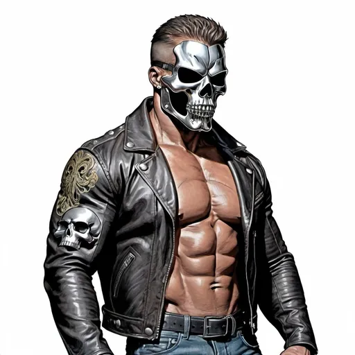 Prompt: detailed colored line drawing of extremely muscular man in a leather jacket with metallic skull mask crossing his arms with no background