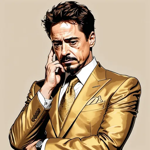 Prompt: Detailed colored line drawing of Tony Stark, golden business suit, thinking expression, arms crossed, face palm, high quality, detailed, line drawing, professional, golden tones, confident pose, charismatic expression, sleek design, artistic style, luxury, professional lighting, no background