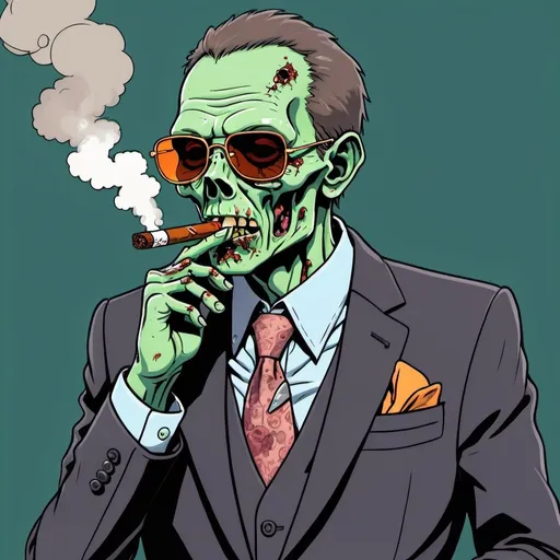 Prompt: colored line drawing of zombie in business suit with aviator sun glasses smoking a cigar and looking at his watch
