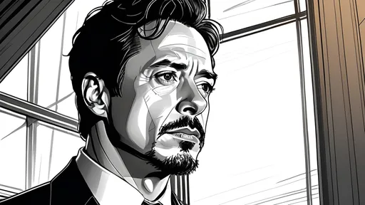 Prompt: Detailed line drawing of Tony Stark, looking out of a floor to ceiling window, high quality, realistic, monochrome, detailed facial features, elegant posture, sharp suit, confident expression, stark lighting, dramatic shadows, pencil drawing, professional, high contrast, intricate linework, dramatic atmosphere