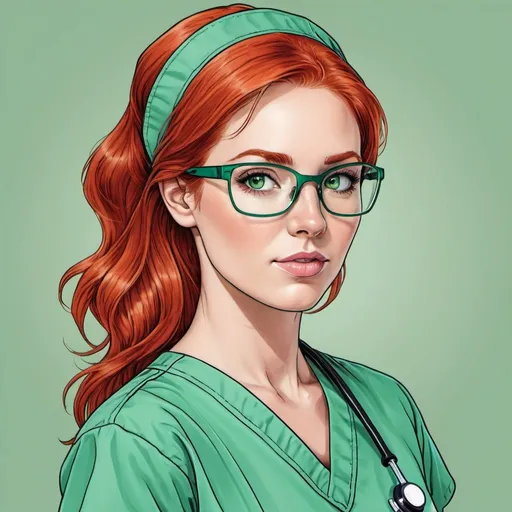 Prompt: attractive red head woman with green eyes in nurse scrubs looking to the right with glasses line drawing colored