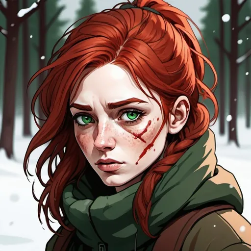 Prompt: sad attractive woman with red hair and green eyes in brown winter gear out in the snow in the art style of the long dark video game line drawing colored a little blood on face