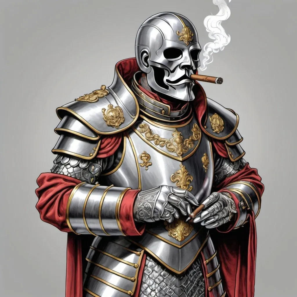 Prompt: detailed colored line drawing of master cheif in silver armor with metallic skill mask smoking a cigar