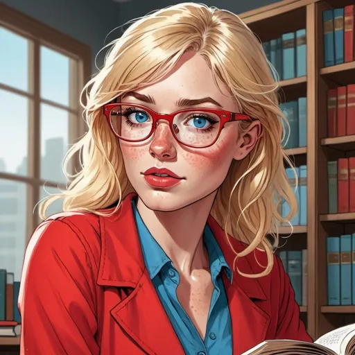 Prompt: comic art of an attractive blonde woman with crystal blue eyes and freckles and red reading glasses in a red librarian outfit looking to the right 