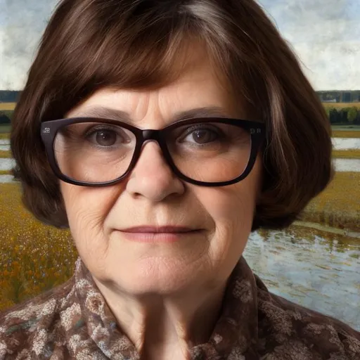 Prompt: large portrait of a 60 year old woman with brown hair and dark glasses in the middle of a Loire landscape 
