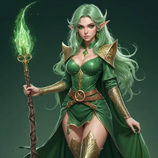 Prompt: a half-elf with sylvan hair wearing a green outfit with gold thread. female sorceress. holds an ornate dagger. crystal green eyes. thigh-high boots. magic ring on the finger. standing by a broom of flying