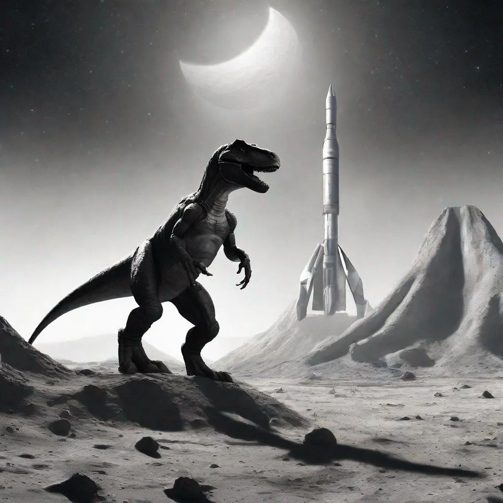 Prompt: Trex with only two arms on the moon with a Rocketship in the background