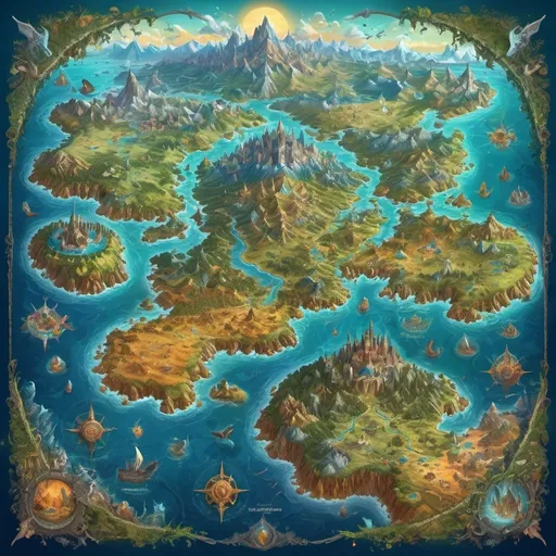 Prompt: (fantasy world map), intricate details, vibrant colors, vast continents, lush landscapes, enchanting oceans, mythical symbols, adventurous atmosphere, (highly detailed), 8K resolution, dramatic lighting, immersive topography, illustrations of fantastical creatures, whimsical elements, geography blending different biomes, magical essence surrounding the terrains.