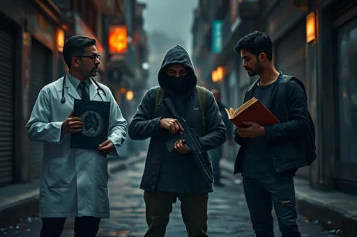 Prompt: three different characters (oncologist with MRI scan, terrorist with gun, student with book), standing on a (gritty urban street), contemplating their actions, opposite each other, (intense atmosphere), (dramatic lighting), contrasting expressions of determination, fear, and curiosity, surrounding elements hinting at their backgrounds, moody shadows and highlighted features, (highly detailed), cinematic composition, engaging narrative tension. far shot