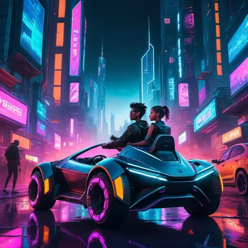 Prompt: (ultra-detailed) cyberpunk scene, a boy and girl joyfully riding in a futuristic car, vibrant neon lights reflecting off the sleek vehicle, dense urban cityscape filled with towering skyscrapers and digital billboards in the background, dynamic atmosphere, stylistically futuristic with colorful glows, warm or cool tones depending on lighting, cinematic depth, immersive ambiance, expressing excitement and adventure.