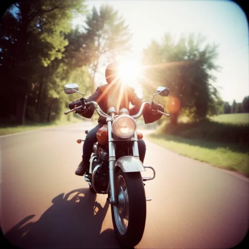 Prompt: Holga photography, Motorcycle riding , low-fidelity dreamy aesthetic, flare, low quality, analog photography