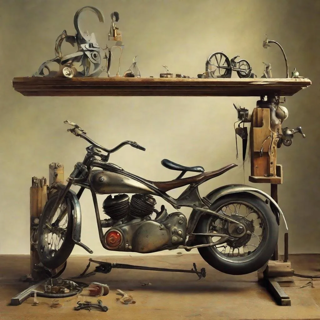 Prompt: Salvador Dalí style vision, surrealist, dreamlike, precise, motorcycle on a workbench