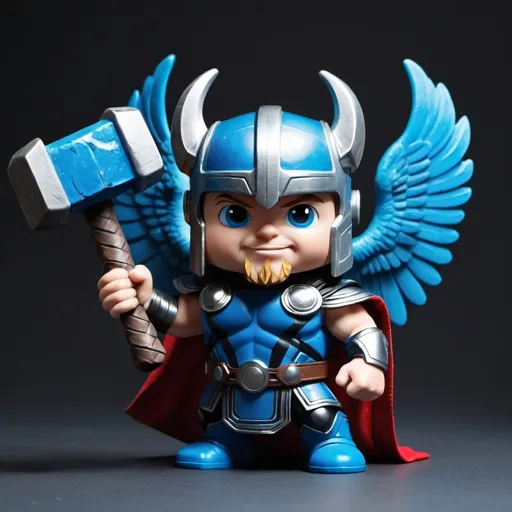 Prompt: a blue warrior with cute face facing front side holding thor's hammer with his left wing