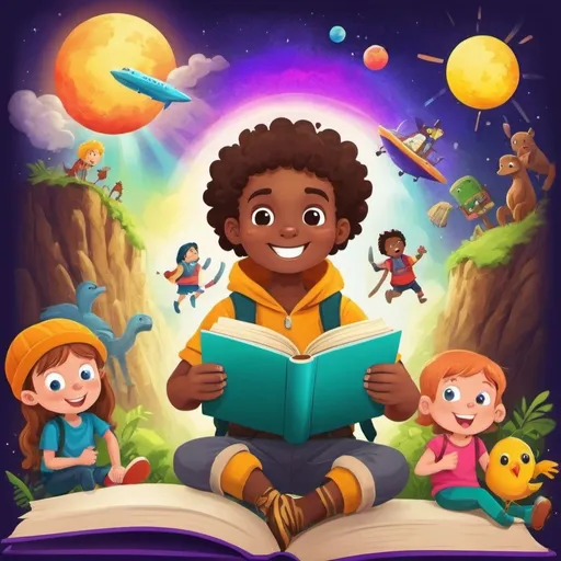 Prompt: make a thumbnail for an online class called: Epic Book Explorers Story Time. Have: Epic Book Explorers in fun writing. This is for elementary school age kids, fun child like bright colors