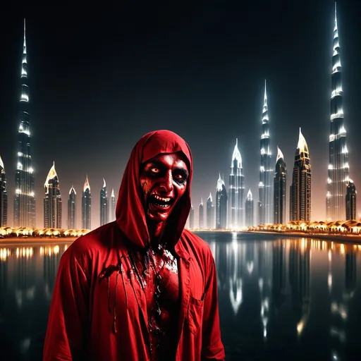 Prompt: Create an image for me red drogen in dark night with bloody scares in centre of the dubai