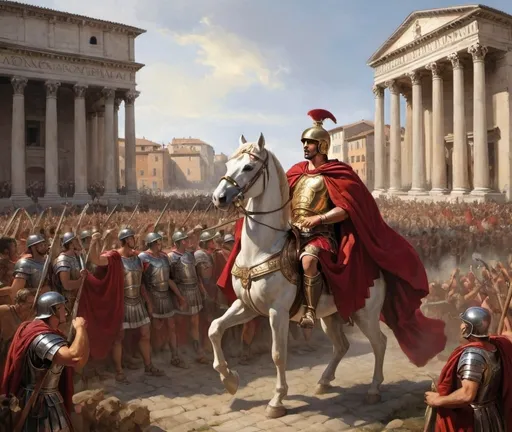 Prompt: To create a painting of a Roman king returning from battle with his envoy and spoils, with cheering crowds around, consider the following elements:

Central Figure: Place the Roman king (likely a general, as Rome did not have kings in the classical sense) prominently in the center of the painting. He should be on horseback, dressed in elaborate armor with a crimson cloak flowing behind him. His expression should be one of pride and triumph.

Surrounding Envoy: Behind the king, depict his loyal soldiers. They should be in formation, showcasing the discipline and strength of the Roman army. Include soldiers carrying banners with Roman insignia.

Spoils of War: Include carts and slaves carrying treasures, such as gold, silver, and other valuable items. Some soldiers could be leading captured enemy soldiers in chains, emphasizing the victory.

Cheering Crowds: On either side of the procession, show jubilant crowds. People should be waving, throwing flowers, and cheering. Include a mix of citizens, with some onlookers hanging out of windows or standing on balconies.

Backdrop: The setting should be a grand Roman city with impressive architecture, such as tall columns, arches, and statues. The streets should be wide and paved, emphasizing the grandeur of the occasion.

Details and Colors: Use rich, vibrant colors to bring the scene to life. The king’s armor and cloak should be particularly detailed to highlight his importance. The crowd’s clothing should reflect the diversity and vibrancy of Roman life.

Here is a simple sketch of the composition:

Foreground: The king on horseback at the center, soldiers and spoils immediately behind him.
Middle Ground: Cheering crowds on both sides, creating a path for the procession.
Background: Roman cityscape with tall buildings and architectural elements.
This painting will capture the grandeur and celebration of a triumphant return from battle, emphasizing the power and glory of the Roman leader and his victorious army.