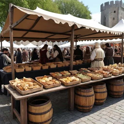 Prompt: feira medieval num largo com bancas de comida, bebida e trajes medievais com arvores