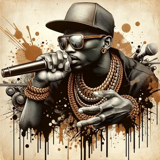 Prompt: Black rapper Rod wave (wearing stylish sunglasses, vibrant necklace) holding a microphone, artistically dripping paint on a textured wall, (Cedric Seaut style), modern European ink painting, visually striking composition, rich color contrasts with bold splashes, urban atmosphere, high detail, Behance HD quality, captivating poster art design.