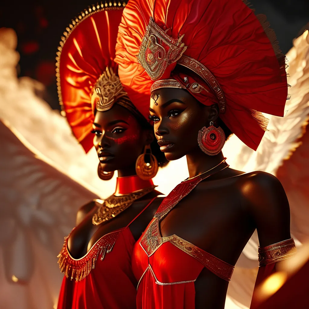 Prompt: Caramel skinned African American god and goddess wear red, black and gold outfit, they stand in red ad black clouds with swirling light