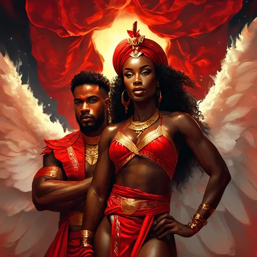 Prompt: Caramel skinned African American god and goddess wear red, black and gold outfit, they stand in red ad black clouds with swirling light