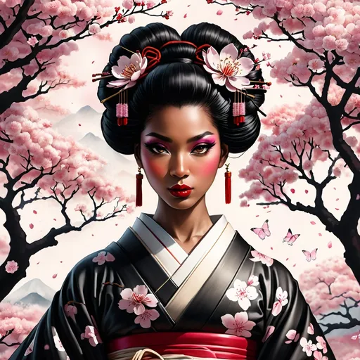 Prompt: BLACK FEMALE GEISHA surrounded by cherry blossom trees