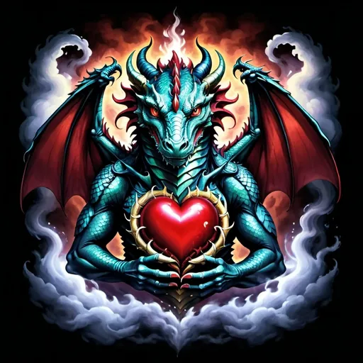 Prompt: Two dragons (serpentine and majestic) cradling an anatomical heart (symbolic and vibrant), surrounded by mystical smoke, deep contrasting colors, a touch of gold shimmering accents, ethereal lighting, intricate scales on the dragons, deep crimson heart radiating warmth, dramatic and enchanting ambiance, ultra-detailed, fantasy art masterpiece.